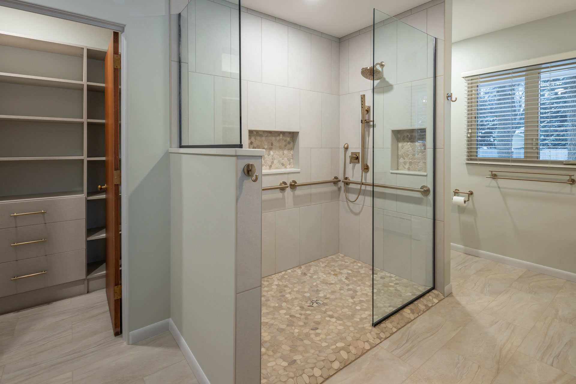 Bathroom Remodel in Fargo/Moorhead featuring a custom tile walk-in shower. Designed for Aging-In-Place.